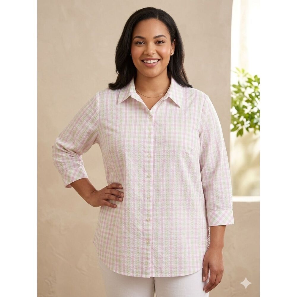 Take 50% OFF- Alia Sport Plaid Button-Down Shirt - Pink/Green, Size-22W